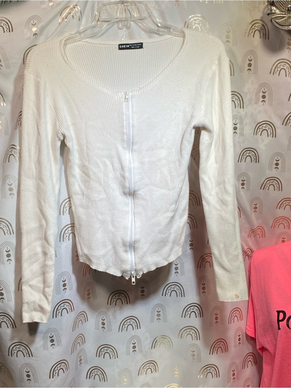 SHEIN White Ribbed Zip-Up Long Sleeve Cardigan